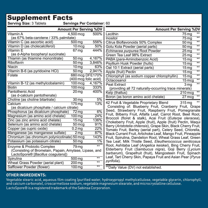 Dr. Tobias Adult Multivitamin for Women & Men – Immune Support, 42 Fruits & Vegetables, Vegan, Non-GMO, 180 Tablets