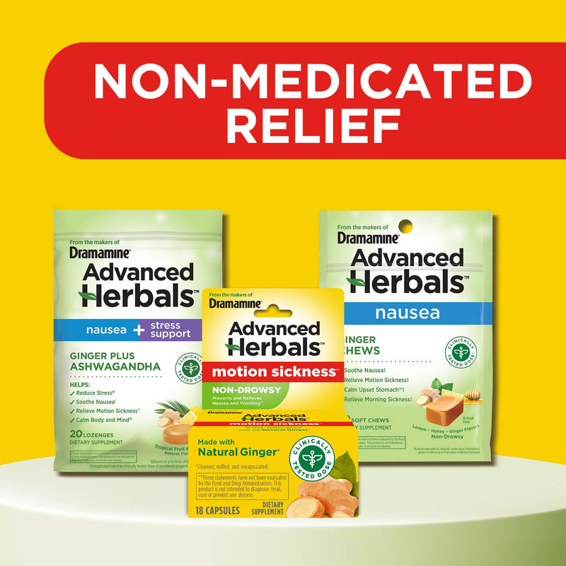 Dramamine Advanced Herbals Motion Sickness Non-Drowsy Capsules – Ginger Relief, 18 Count, 2 Pack