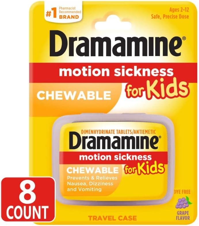Dramamine Motion Sickness Relief for Kids — Grape Chewables, 8 Count (Pack of 2)
