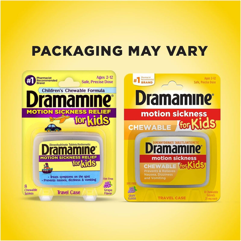 Dramamine Motion Sickness Relief for Kids — Grape Chewables, 8 Count (Pack of 2)