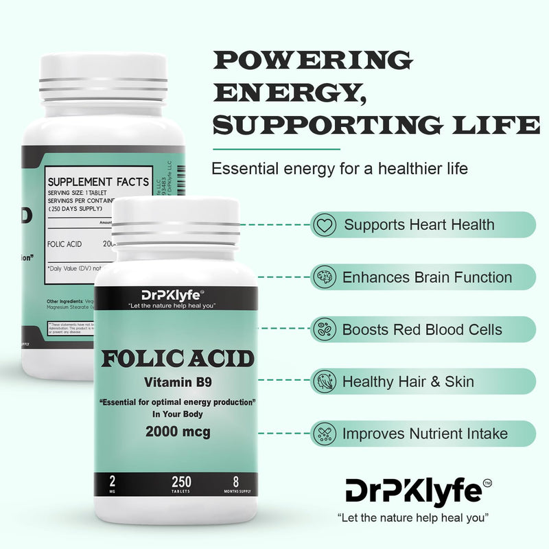 DrPKLyfe Folic Acid 2000 mcg – Prenatal Vitamin (8-Month, 250 Tabs)