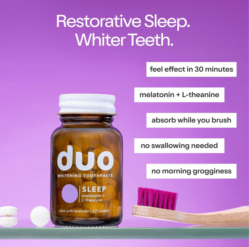 Duo Sleep Toothpaste Tablets with Melatonin & Nano-Hydroxyapatite | Whitening, Remineralize & Sensitivity Relief | Plastic-Free Bottle | Mint-Lavender