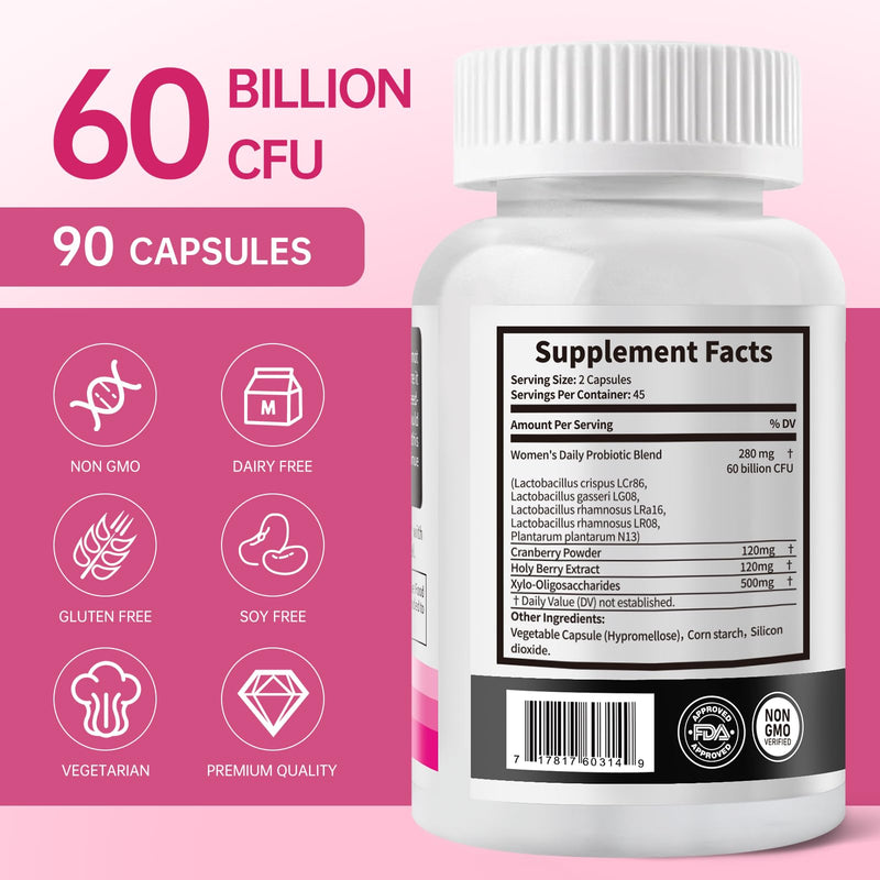 DVO Vaginal Probiotics for Women - pH Balance, 60 Billion CFU + Prebiotics & Lactobacillus - Odor & Yeast Balance, Flora Support, Immune Health - 90 Count