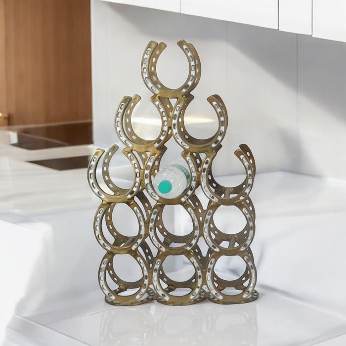 65CM ANTIQUE BRASS HORSESHOE 12 BOTTLE WINE RACK