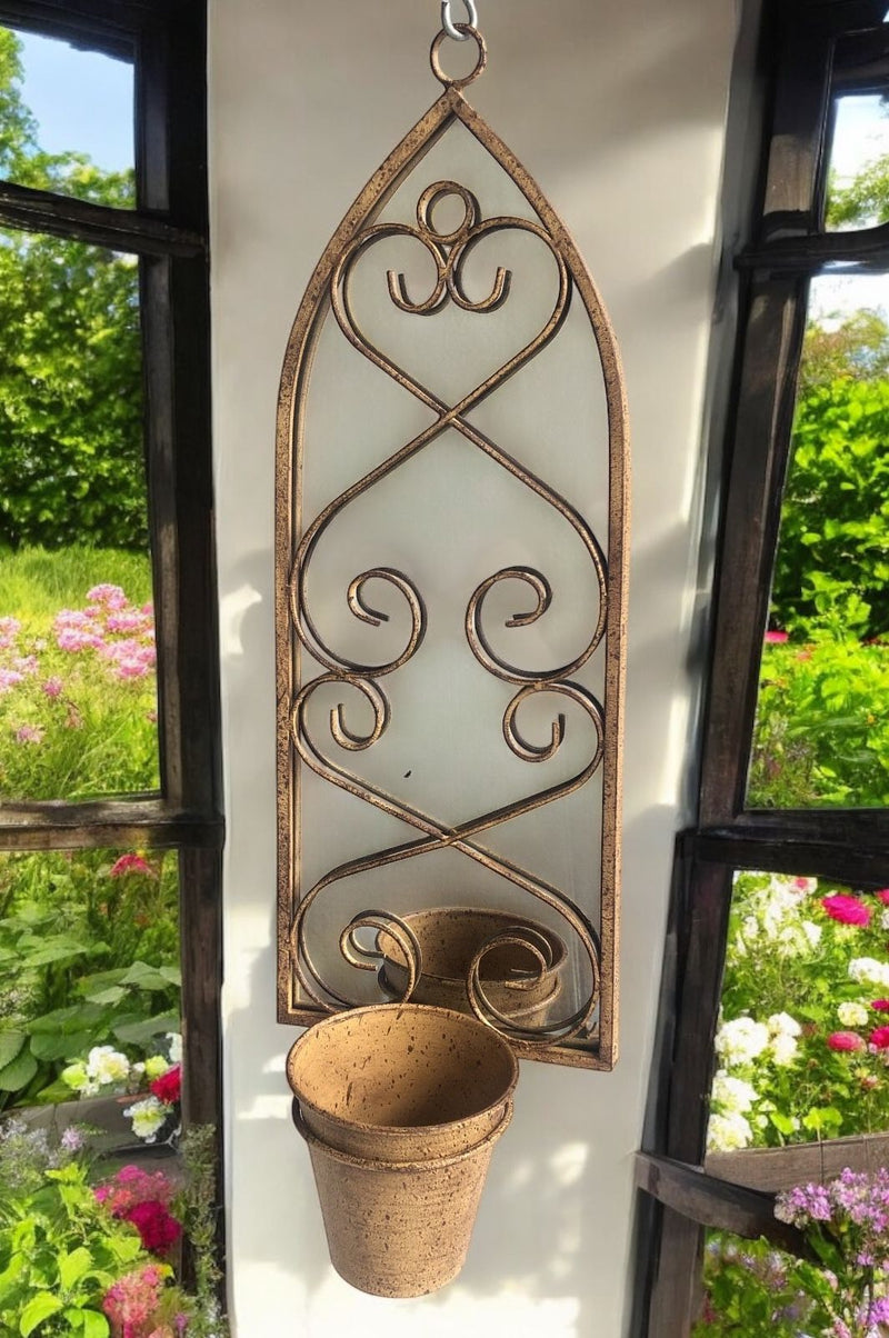56cm RUSTY WALL MIRROR WITH SINGLE PLANTER