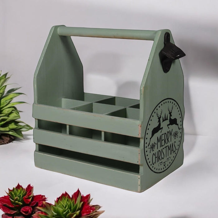 RUSTIC GREEN  6 BOTTLE HOLDER WITH OPENER