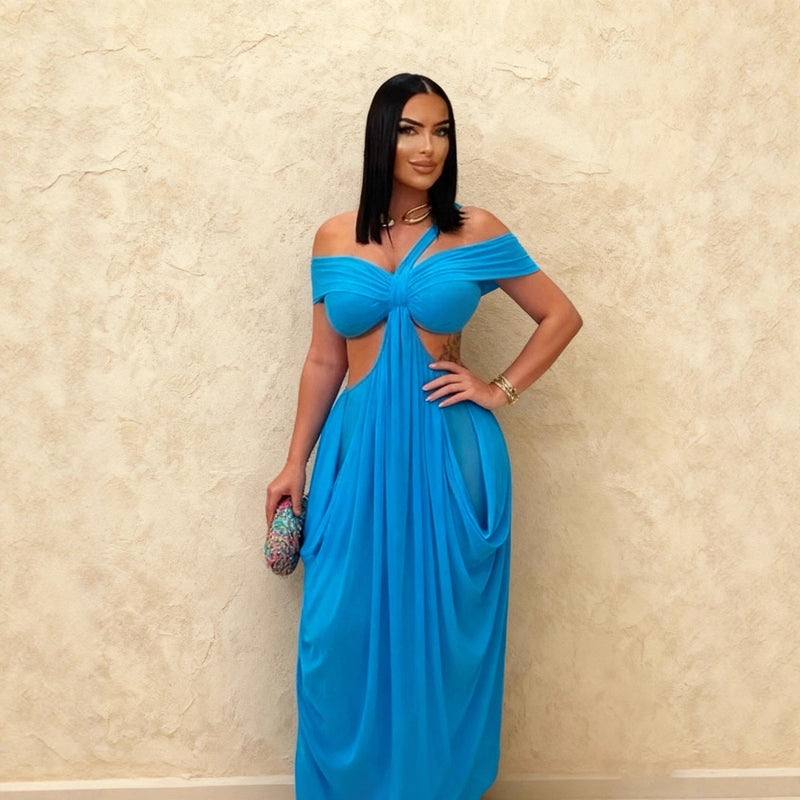 Solid-color Tube Top Hollow-out Sheer Mesh Long Dress For Women