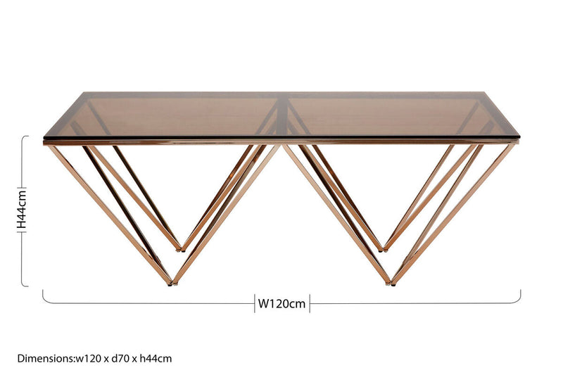 Red-Tinted Tempered Glass Top Coffee Table with Geometric Prismatic Champagne Metal Legs | Allure