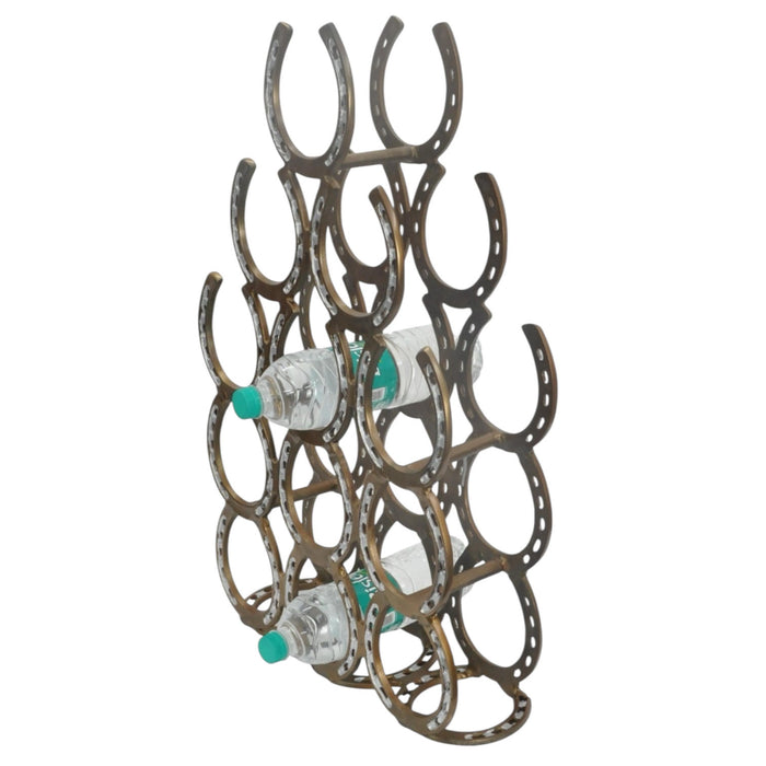 65CM ANTIQUE BRASS HORSESHOE 12 BOTTLE WINE RACK