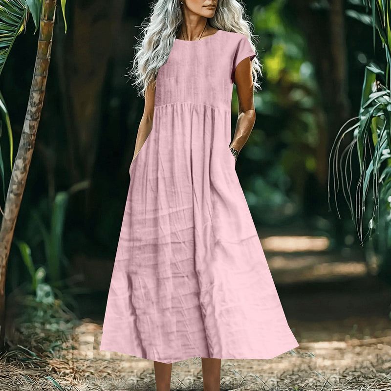 Women's Solid-Color Loose-Fitting All-Match Cotton-Linen Dress With Pockets