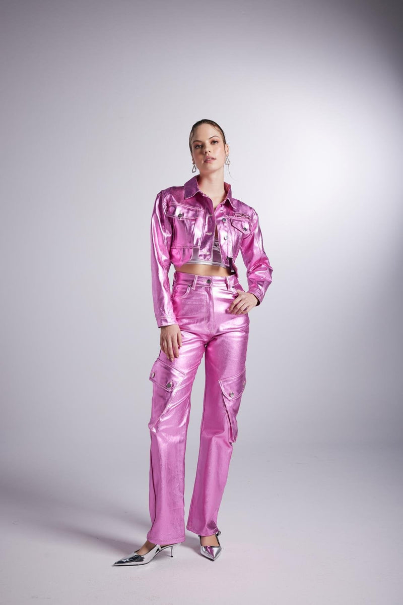 Metallic Pink Glossy Millen Cropped Jacket