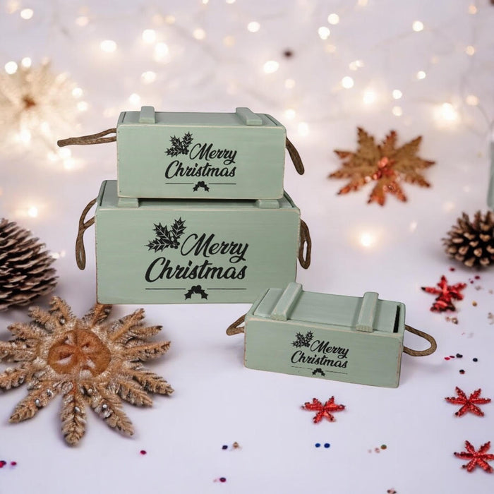 S/3 RUSTIC GREEN CRATES WITH LIDS ROPE HAN