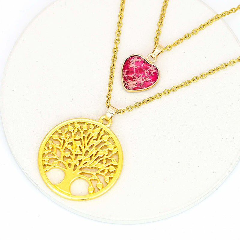 2-layer Red Heart Emperor Stone Life Tree Pendant Necklace