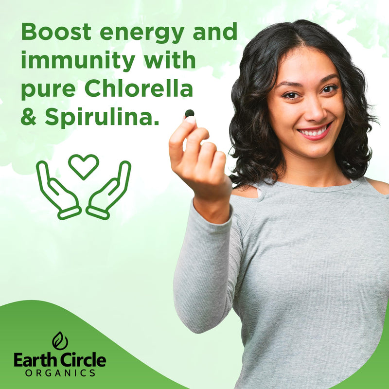Earth Circle Organics Premium Organic Chlorella & Spirulina Tablets 1000 Count (50/50) – Cracked Cell Wall for Maximum Absorption | Vegan, Kosher Green Algae Superfood | Pack of 2