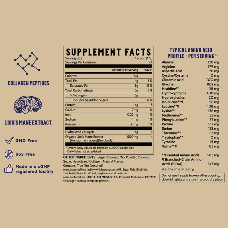 Earth Fed Muscle Morning Charge Protein Coffee Creamer with Collagen & Lion's Mane – Organic, Dairy-Free, Soy-Free, Gluten-Free – 24 Servings