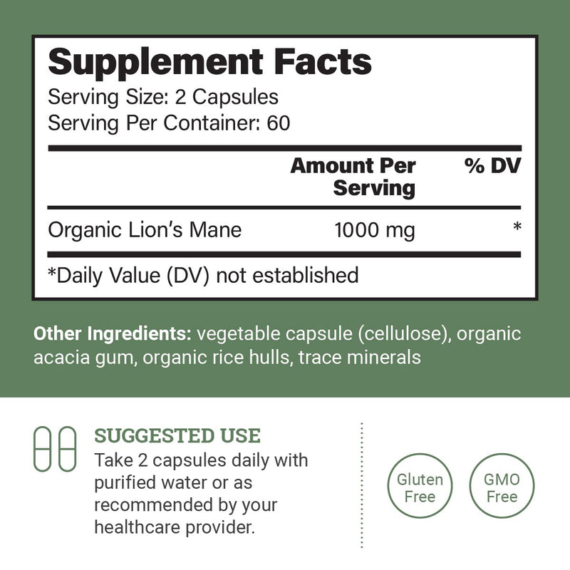 Earth Harmony Naturals Organic Lions Mane Supplement (1000mg) - 120 Capsules, 2-Month Supply