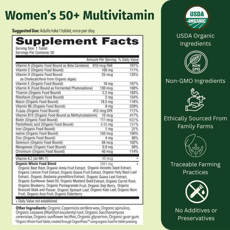 EarthFirst Organic Once Daily Multivitamin for Women 50+ - Bone, Energy & Heart Health (60 Count)