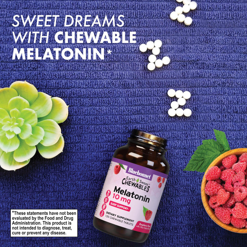 BlueBonnet EarthSweet Melatonin 10 mg - Fast-Acting Nighttime Sleep Support | Gluten-Free & Vegan | Raspberry Flavor | 120 Chewable Tablets