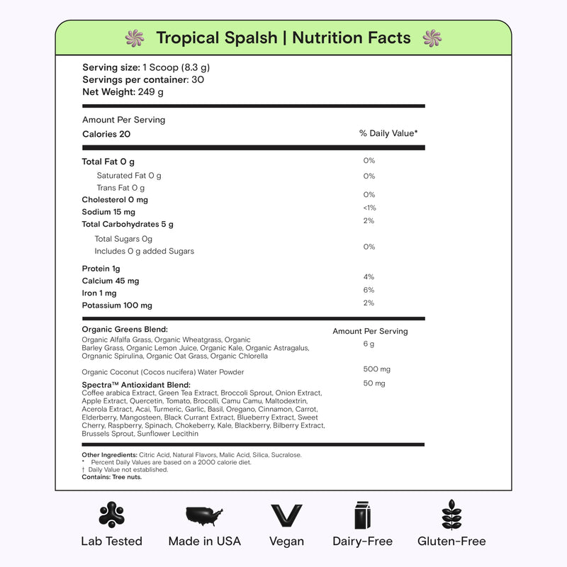 Kiala Nutrition Super Greens — Organic Greens Powder with Spectra Blend, Tropical Splash, 30 Servings