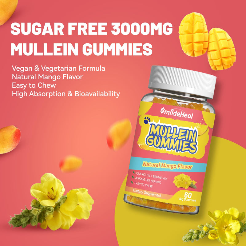 2 Pack Mullein Gummies 3000MG, Sugar Free Mullein Gummies with Bromelain & Quercetin, Mullein Leaf Extract Supplements for Lungs, Vegan, 120 Count