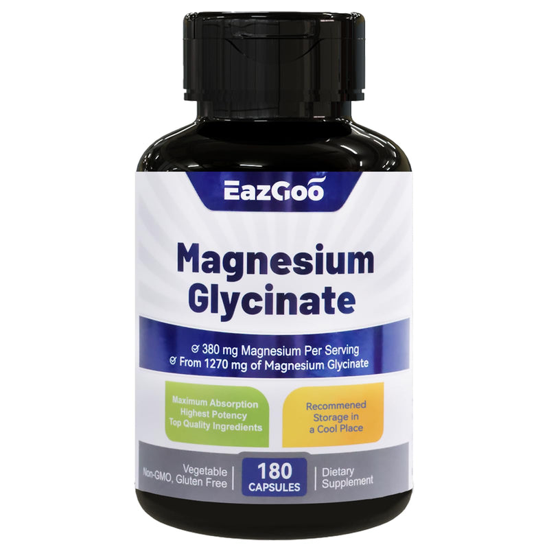 EAZGOO Magnesium Glycinate Capsules – High-Absorption, Non-GMO, Gluten-Free, 180 Capsules
