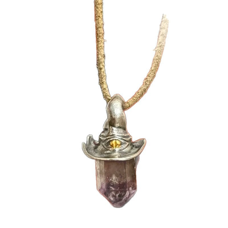 Retro Natural Amethyst Hexagonal Witch Hat Pendant Necklace