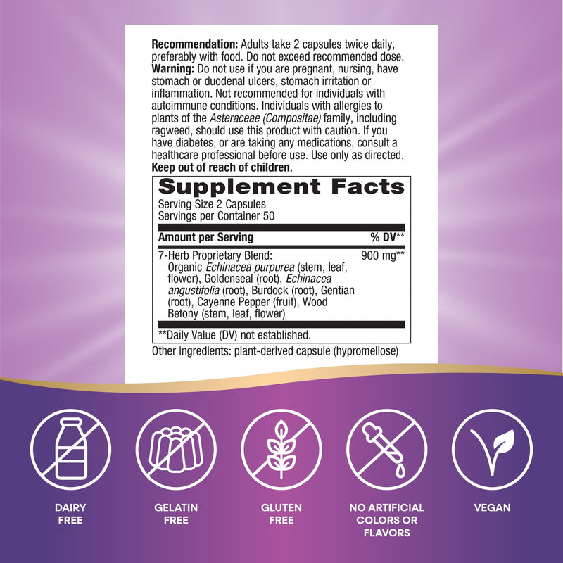 Nature's Way Echinacea Goldenseal, Premium Blend, Supports Immune Health*, 900 mg per 2-Capsule Serving, Non-GMO Project Verified, Vegan, 100 Capsules (Packaging May Vary)