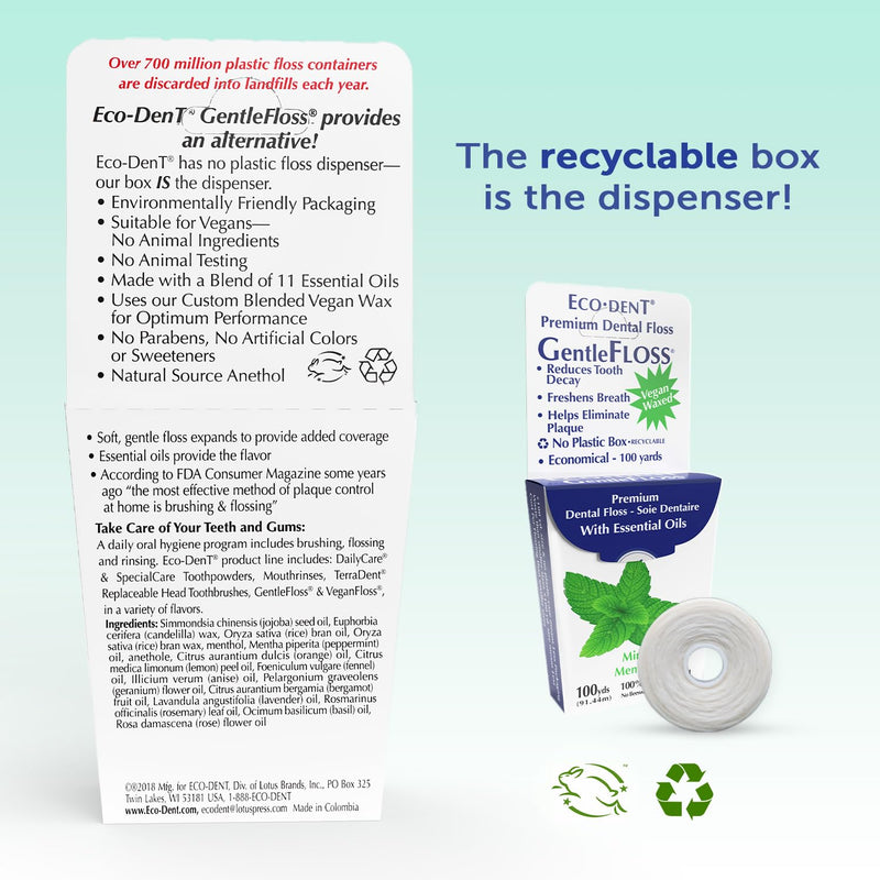 Eco-Dent GentleFloss Mint Dental Floss – Vegan Wax, 100 Yds, Pack of 6