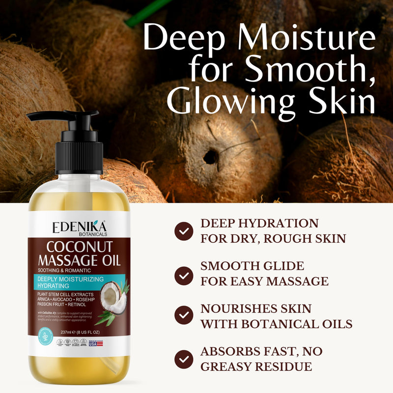 Edenika Botanicals Tropical Coconut Massage Oil - 8 fl oz | Deep Moisture & Relaxing Aromatherapy