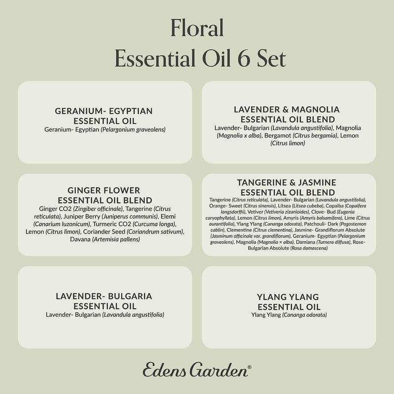 Edens Garden Floral Essential Oils 6 Set – 100% Pure Therapeutic Grade Blends: Geranium, Lavender, Magnolia, Tangerine, Jasmine, Ylang Ylang – 10 ml / 6 Pack