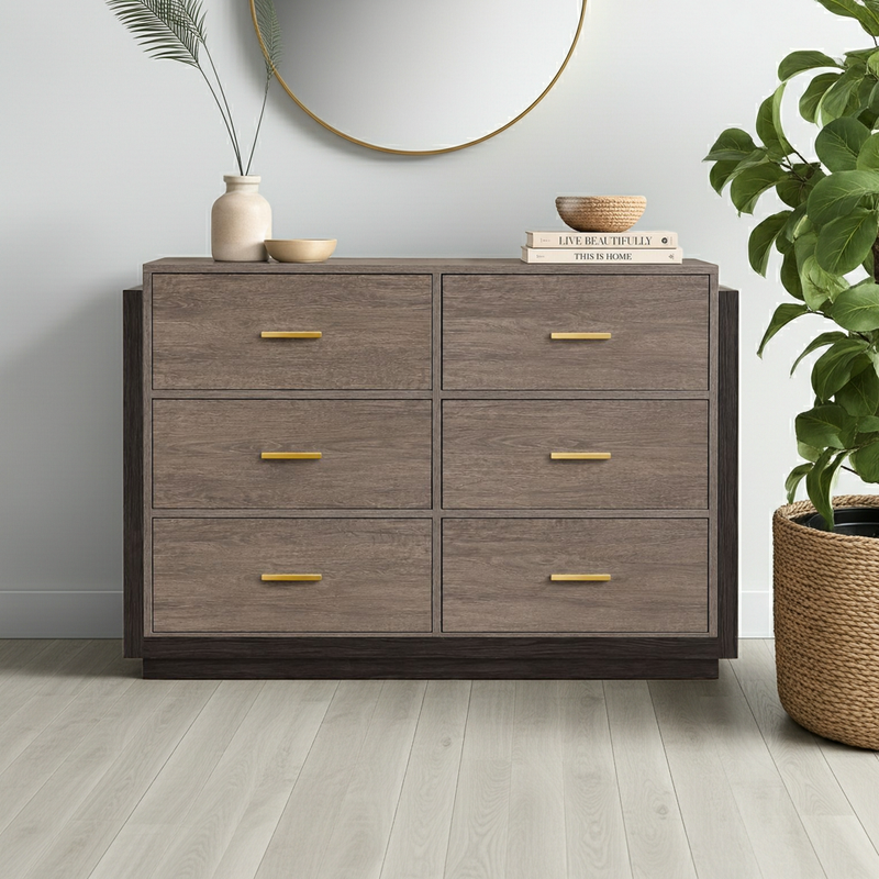 6 Drawer Chest of Drawers | Gold Bar Handles | Wide Bedroom Dresser & Storage Unit