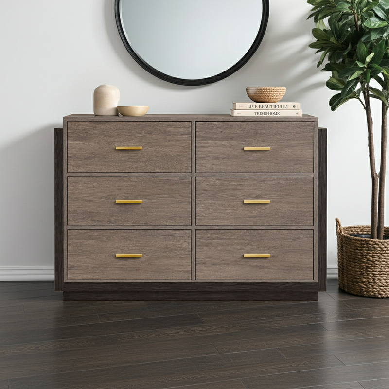 6 Drawer Chest of Drawers | Gold Bar Handles | Wide Bedroom Dresser & Storage Unit