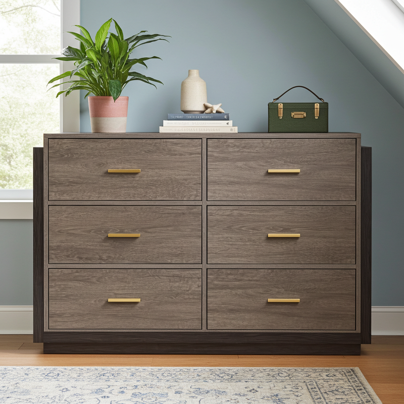 6 Drawer Chest of Drawers | Gold Bar Handles | Wide Bedroom Dresser & Storage Unit