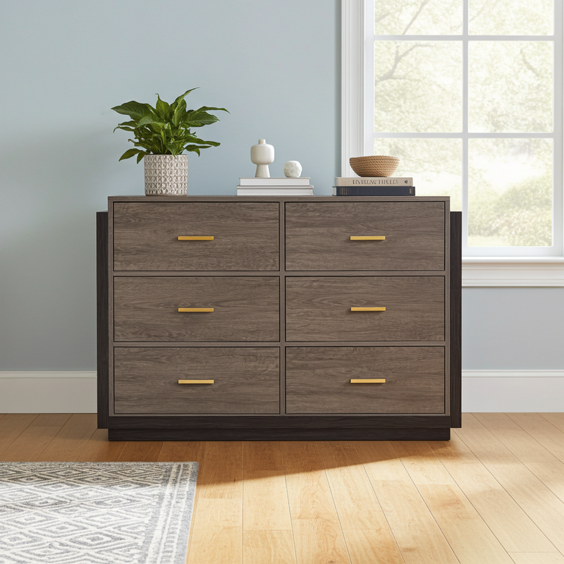 6 Drawer Chest of Drawers | Gold Bar Handles | Wide Bedroom Dresser & Storage Unit