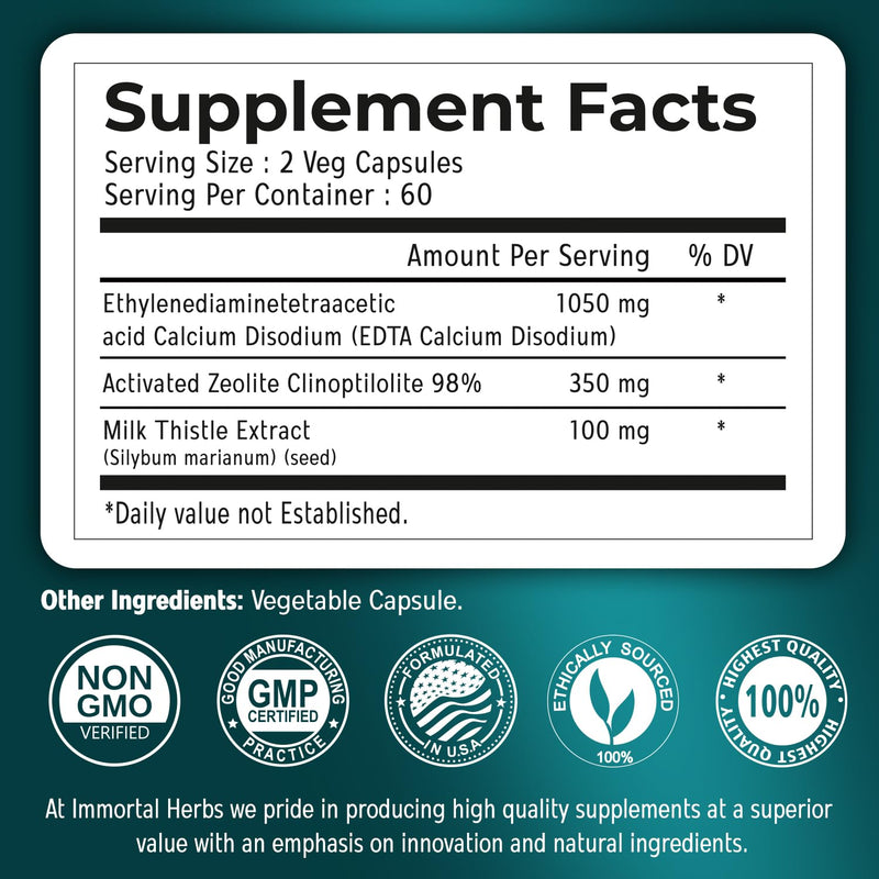 Immortal Herbs Calcium Disodium EDTA Capsules 1500mg with Zeolite Clinoptilolite & Milk Thistle – 120 Vegan, Non-GMO, Gluten Free