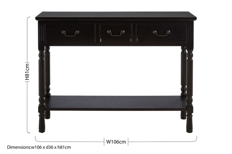 Vintage Black Wooden Three-Drawer Console Table with Bottom Storage Shelf and Carved Spindle Legs, Heritage