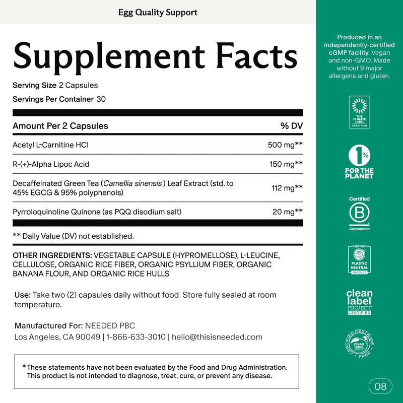 Needed Egg Quality Support - Antioxidant Fertility Supplement for Women | 60 Capsules
