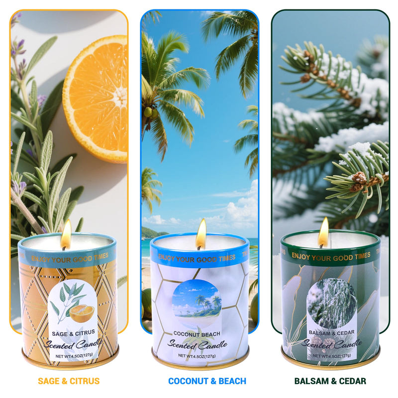 Sage & Citrus, Coconut Beach, Balsam & Cedar 3-Pack Aromatherapy Candle Sets | 8% Essential Oil, 75H Long Burning Soy Wax Scented Candle for Relaxation, Sleep Smoke-Free | Gift for Women and Men