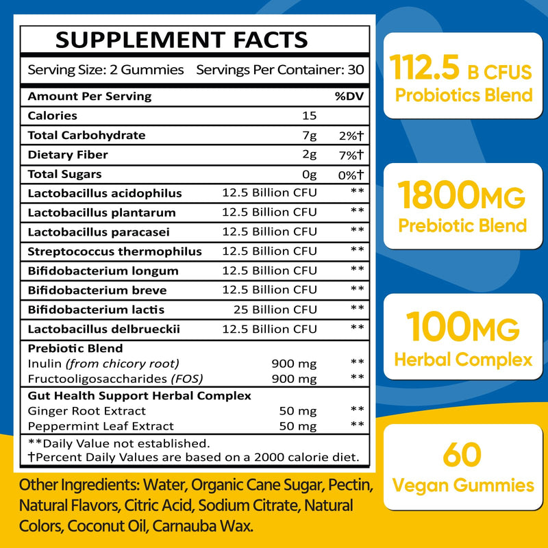 Gut Health Probiotic Gummies – 112.5B CFU, Sugar Free, 8 Strains + Prebiotics & Herbs – 60 Gummies