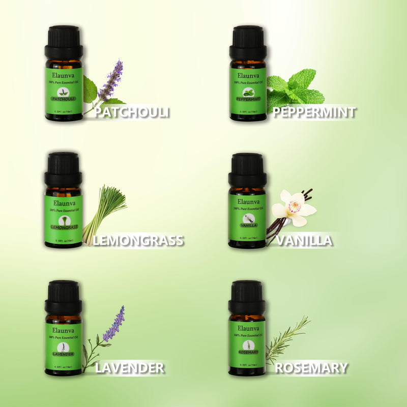 Elaunva Essential Oils Set – 6 Pure Natural Scents (Peppermint, Patchouli, Rosemary, Lemongrass, Vanilla, Lavender) for Aromatherapy & Home Fragrance – 0.33 Fl oz x6