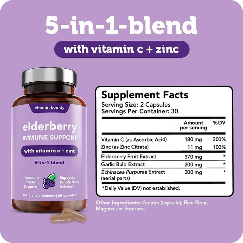 Vitamin Bounty Organic Elderberry Capsules – Sambucus, Vitamin C & Zinc (60)