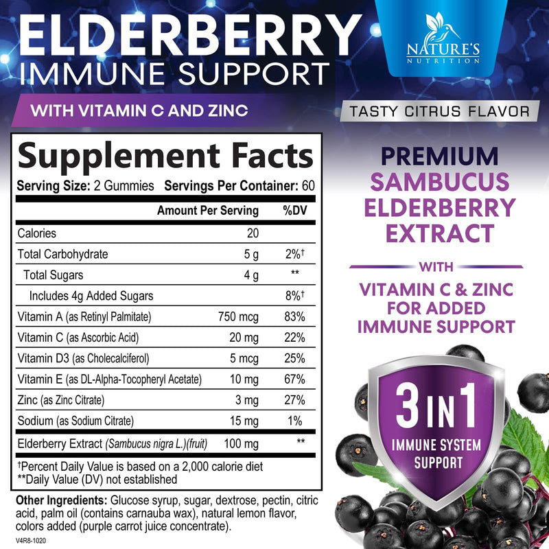 Elderberry Gummies with Vitamin C, D3 & Zinc – Immune Support for Kids & Adults (120 Gummies)