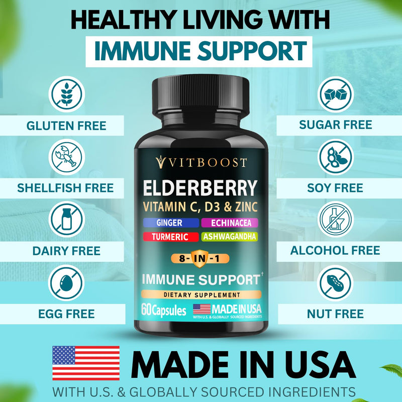 Elderberry Immune Support 8-in-1 Formula – 60 Capsules with Vitamin C, D, Zinc & Echinacea