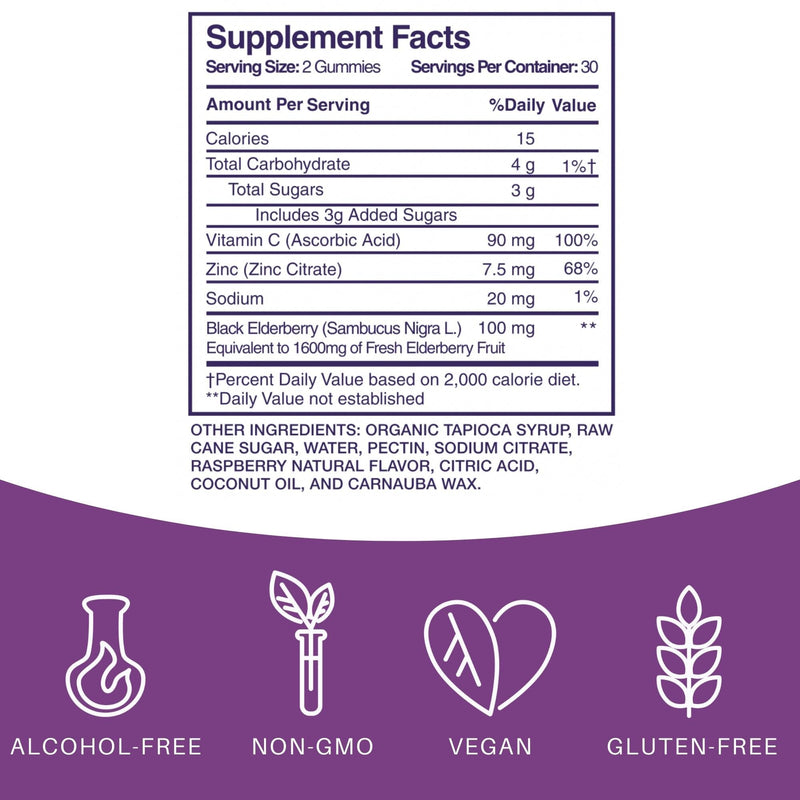 Elderlane Elderberry Gummies for Adults and Kids - Immune Support - Non-GMO, Vegan, Gluten-Free, Gelatin-Free - 60ct, 100mg