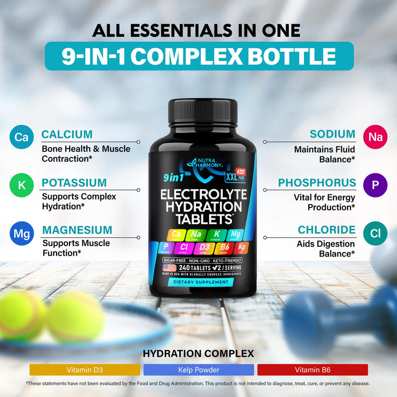 9-in-1 Electrolyte Tablets – Magnesium, Sodium, Potassium, D3 & B6, Kelp | Made in USA | 240 Tabs