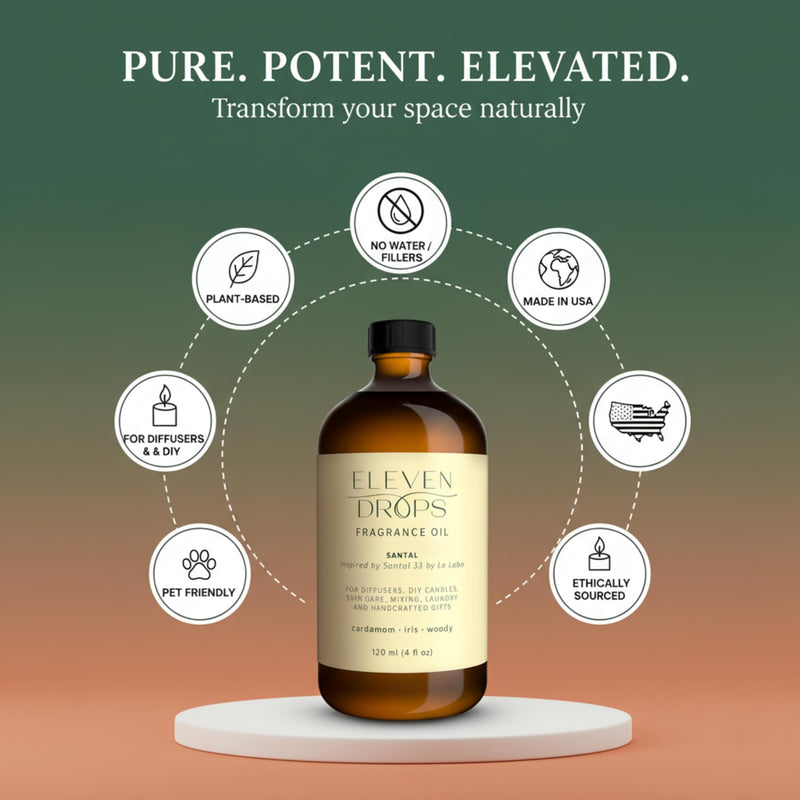 Santal Aroma Fragrance Oil – Eleven Drops | 4 fl oz, Made in USA, IFRA Compliant, Pet Friendly