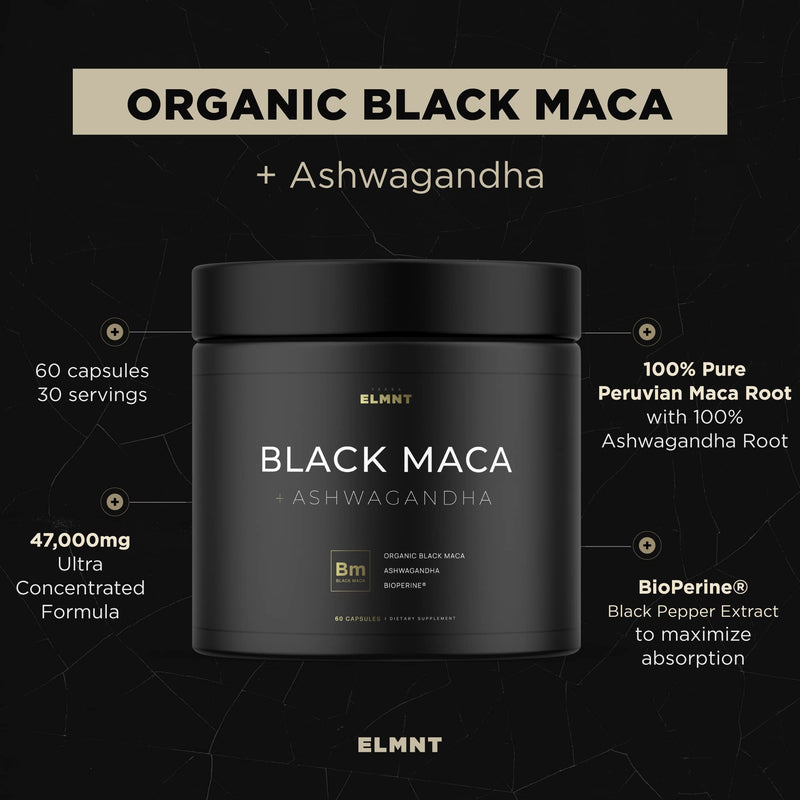 ELMNT Black Maca 40:1 with Ashwagandha – 40x Strength Maca Capsules for Men