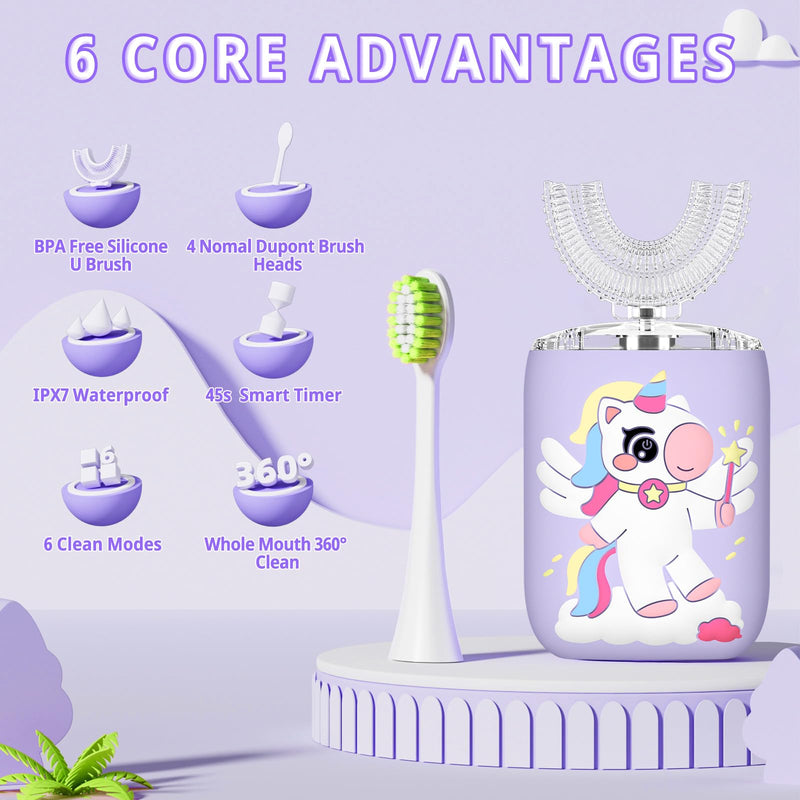 ELOTAME Kids Electric U-Shaped Unicorn Toothbrush – 4 Soft Heads, 6 Modes, Rechargeable Sonic, IPX7, Purple (Ages 2-15)