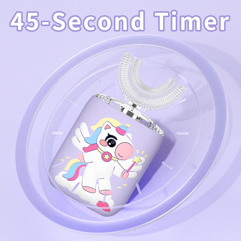 ELOTAME Kids Electric U-Shaped Unicorn Toothbrush – 4 Soft Heads, 6 Modes, Rechargeable Sonic, IPX7, Purple (Ages 2-15)