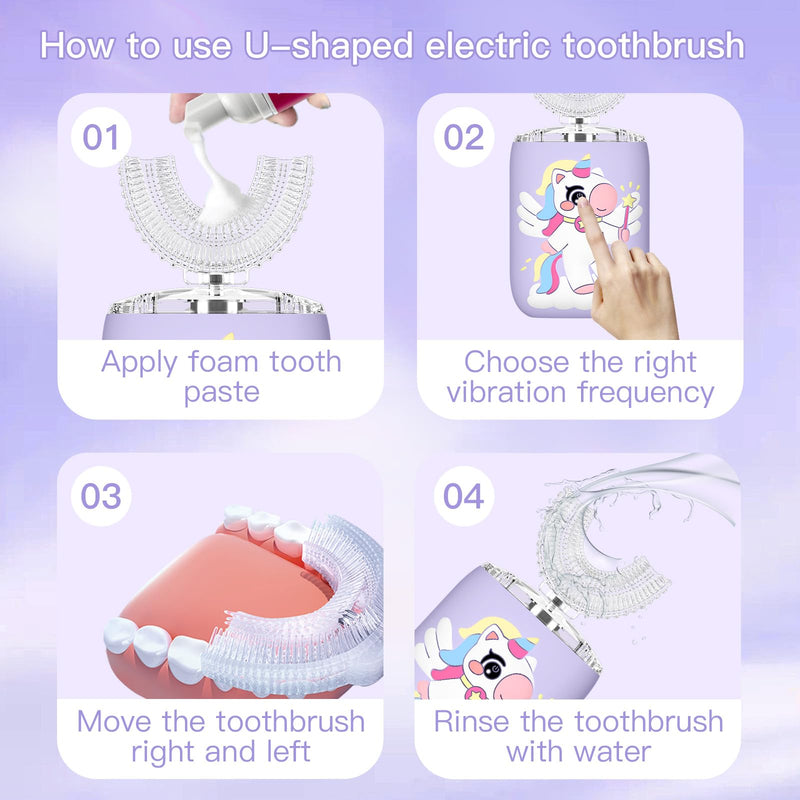 ELOTAME Kids Electric U-Shaped Unicorn Toothbrush – 4 Soft Heads, 6 Modes, Rechargeable Sonic, IPX7, Purple (Ages 2-15)